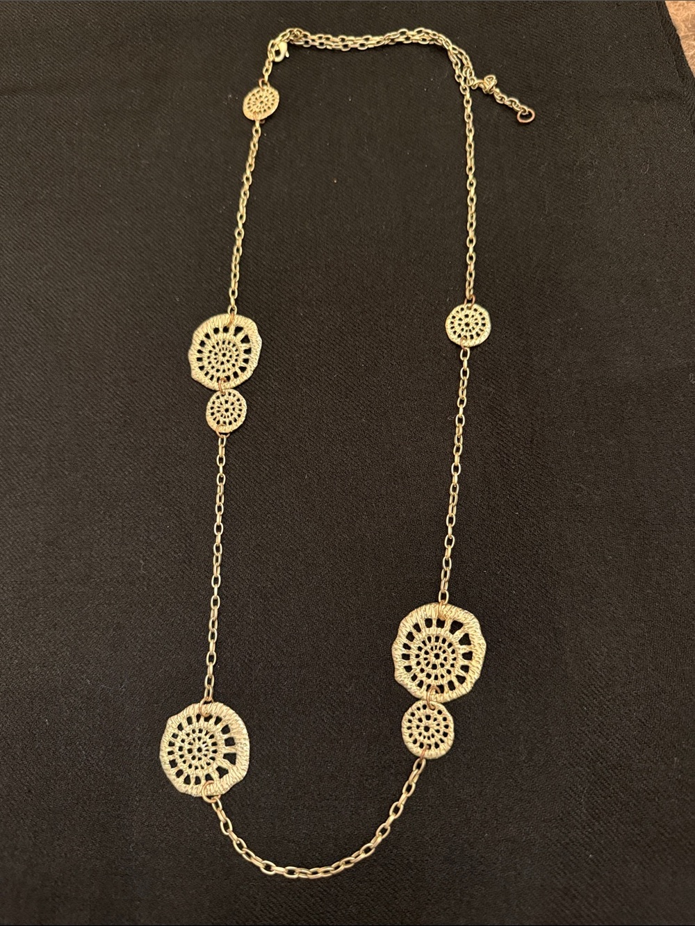 Gold Crochet Disc Long Necklace - Elegant Women's Jewelry